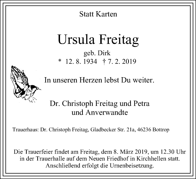  Traueranzeige für Ursula Freitag vom 02.03.2019 aus Stadtspiegel Bottrop
