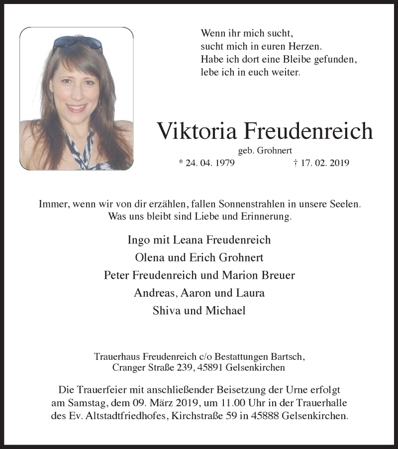  Traueranzeige für Viktoria Freudenreich vom 02.03.2019 aus Stadtspiegel Gelsenkirchen