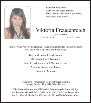 Traueranzeige von Viktoria Freudenreich von Stadtspiegel Gelsenkirchen