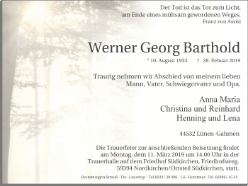 Traueranzeige von Werner Georg Barthold von Lüner Anzeiger