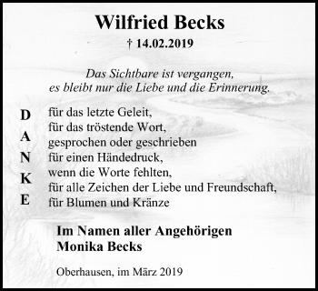 Traueranzeige von Wilfried Becks von Wochen-Anzeiger Oberhausen