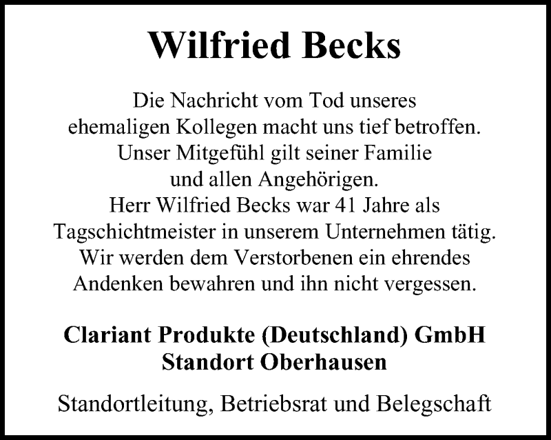  Traueranzeige für Wilfried Becks vom 16.03.2019 aus Wochen-Anzeiger Oberhausen