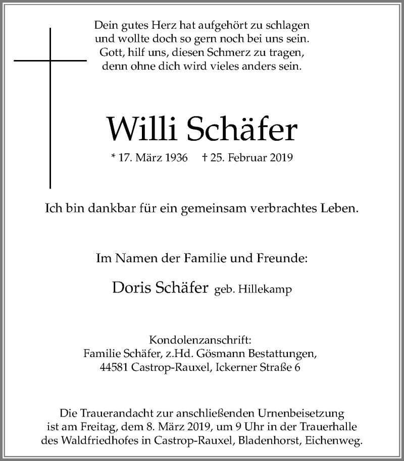  Traueranzeige für Willi Schäfer vom 02.03.2019 aus Stadtanz.Castrop-Rauxel