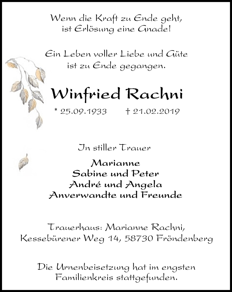  Traueranzeige für Winfried Rachni vom 06.03.2019 aus Stadtspiegel Menden + Froendenberg