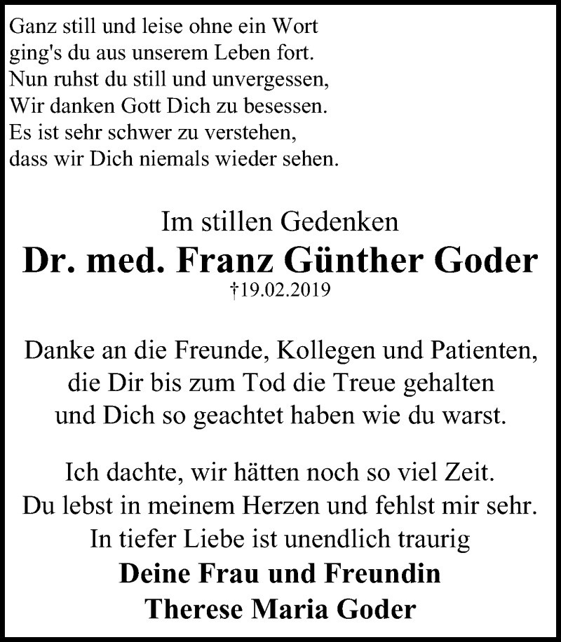 Traueranzeige für Franz Günther Goder vom 03.04.2019 aus Der Weseler + Der Xantener