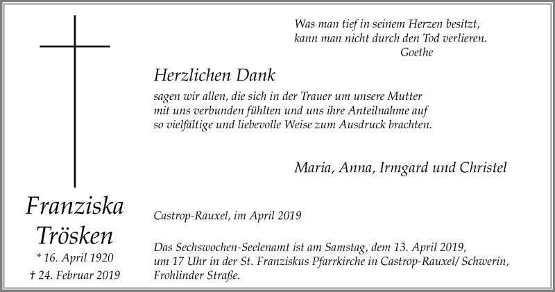  Traueranzeige für Franziska Trösken vom 03.04.2019 aus Stadtanz.Castrop-Rauxel