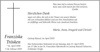 Traueranzeige von Franziska Trösken von Stadtanz.Castrop-Rauxel