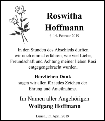 Traueranzeige von Roswitha Hoffmann von Lüner Anzeiger