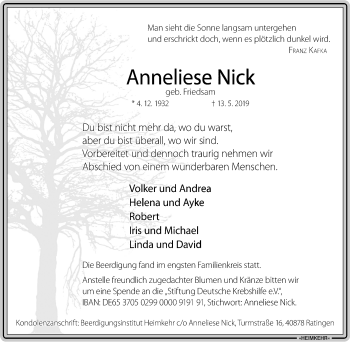 Traueranzeige von Anneliese Nick von WVW Anzeigenblätter