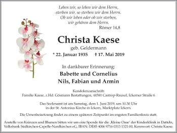 Traueranzeige von Christa Kaese von Stadtanz.Castrop-Rauxel