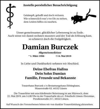 Traueranzeige von Damian Burczek von Lüner Anzeiger