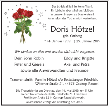 Traueranzeige von Doris Hötzel von Stadtanz.Castrop-Rauxel