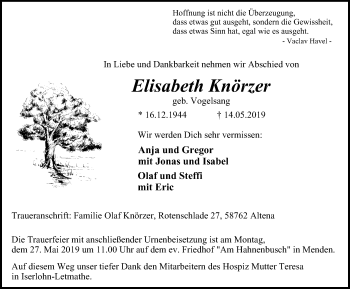 Traueranzeige von Elisabeth Knörzer von Stadtspiegel Menden + Froendenberg