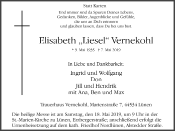 Traueranzeige von Elisabeth Vernekohl von Lüner Anzeiger