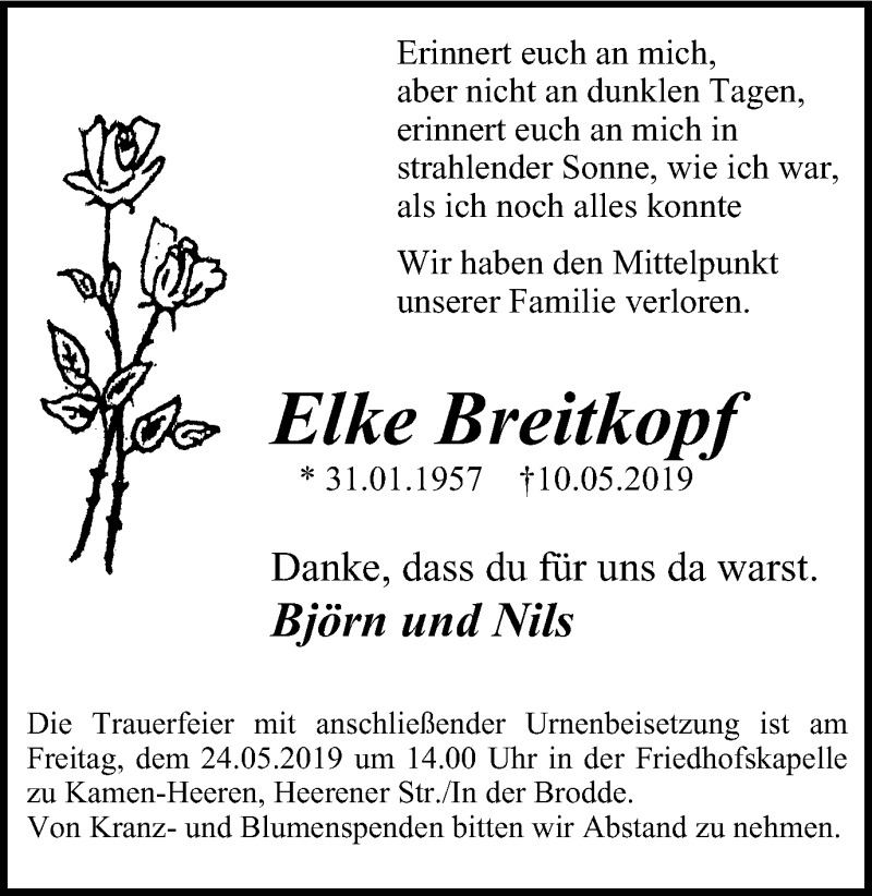  Traueranzeige für Elke Breitkopf vom 22.05.2019 aus Stadtspiegel Kamen + Unna