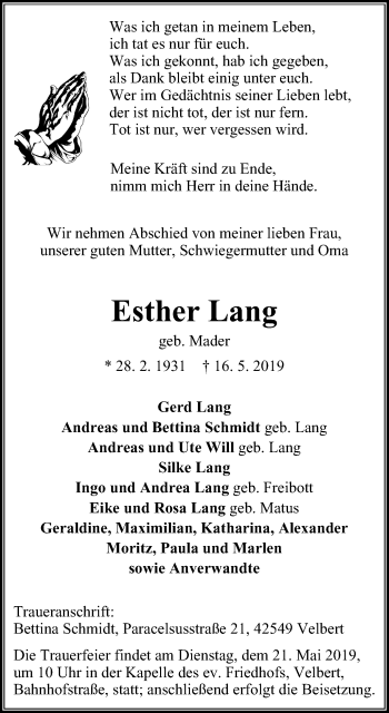 Traueranzeige von Esther Lang von Stadtanzeiger Velbert + Heiligenhaus