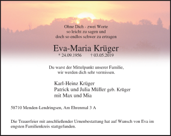 Traueranzeige von Eva-Maria Krüger von Stadtspiegel Menden + Froendenberg