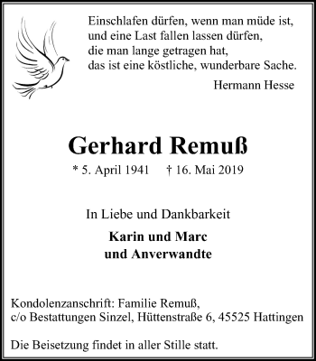 Traueranzeige von Gerhard Remuß von Stadtspiegel Hattingen/Niedersprockhövel