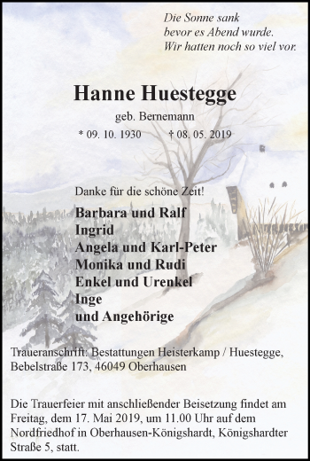 Traueranzeige von Hanne Huestegge von Wochen-Anzeiger Oberhausen