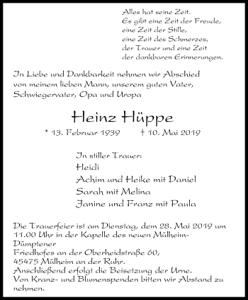 Traueranzeige von Heinz Hüppe von Mülheimer Woche