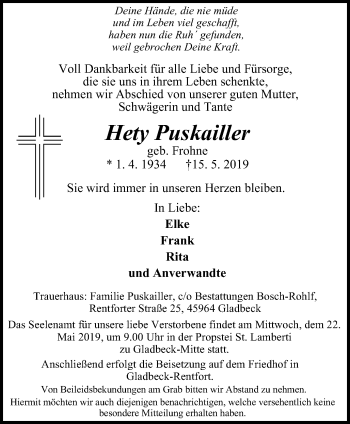 Traueranzeige von Hety Puskailler von Stadtspiegel Gladbeck