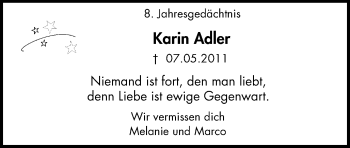 Traueranzeige von Karin Adler von Wochen-Anzeiger Oberhausen