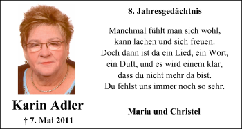 Traueranzeige von Karin Adler von Wochen-Anzeiger Oberhausen