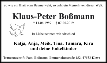 Traueranzeige von Klaus-Peter Boßmann von Klever Wochenblatt