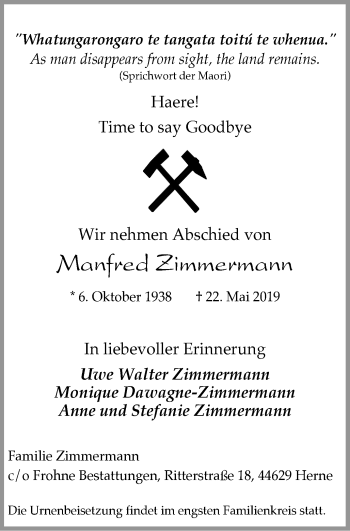 Traueranzeige von Manfred Zimmermann von Wochenblatt Herne/Wanne-Eickel