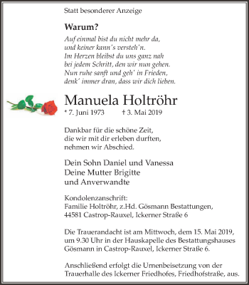 Traueranzeige von Manuela Holtröhr von Stadtanz.Castrop-Rauxel