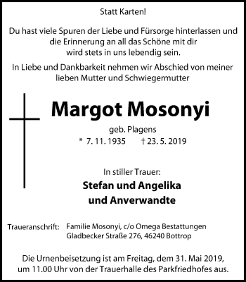Traueranzeige von Margot Mosonyi von Stadtspiegel Bottrop