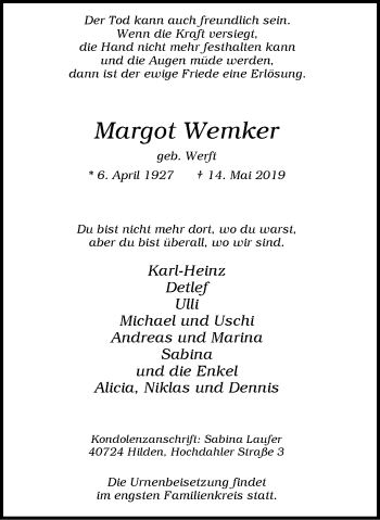 Traueranzeige von Margot Wemker von Wochen-Anzeiger Langenfeld/Monheim/Hilden