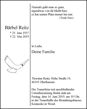 Traueranzeige von Bärbel Reitz von Der Weseler + Der Xantener