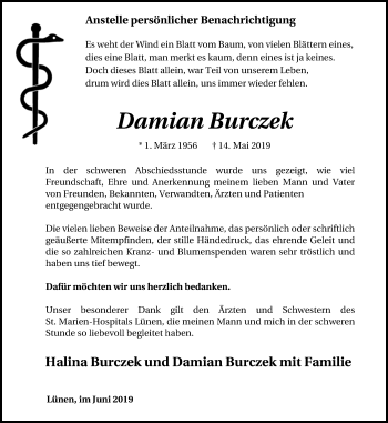 Traueranzeige von Damian Burczek von Lüner Anzeiger