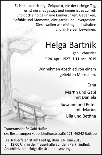 Traueranzeige von Helga Bartnik von Stadtspiegel Bottrop