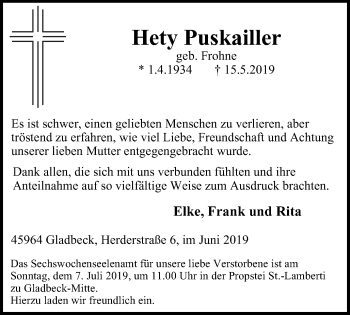 Traueranzeige von Hety Puskailler von Stadtspiegel Gladbeck