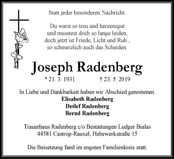 Traueranzeige von Joseph Radenberg von Stadtanz.Castrop-Rauxel