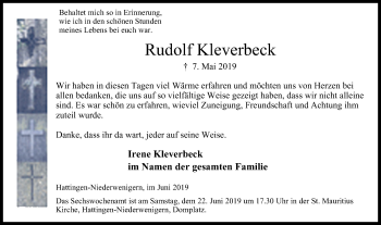 Traueranzeige von Rudolf Kleverbeck von Stadtspiegel Hattingen/Niedersprockhövel