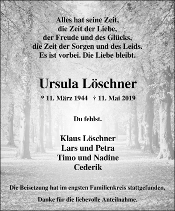 Traueranzeige von Ursula Löschner von Stadtspiegel Iserlohn + Hemer