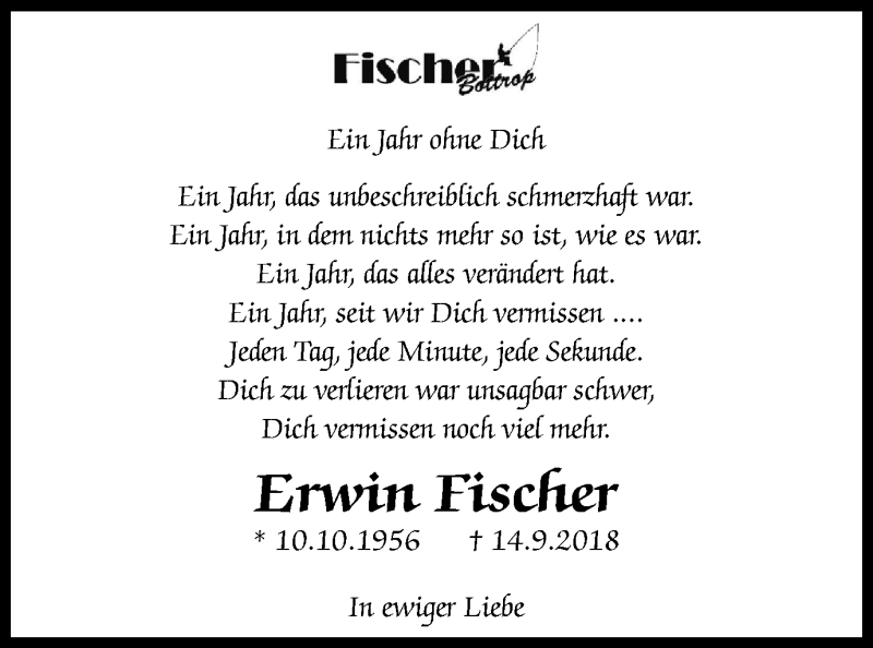  Traueranzeige für Erwin Fischer vom 14.09.2019 aus Stadtspiegel Bottrop