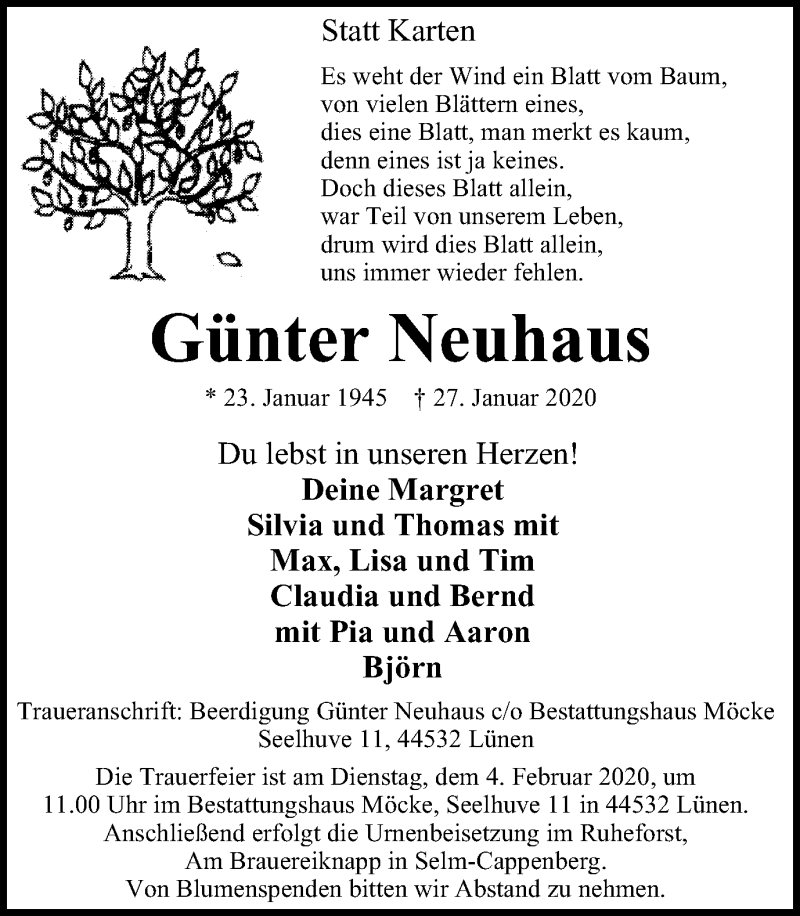  Traueranzeige für Günter Neuhaus vom 29.01.2020 aus Lüner Anzeiger
