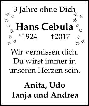 Traueranzeige von Hans Cebula von Stadtanz.Castrop-Rauxel