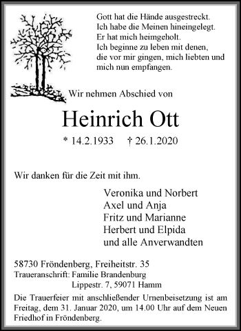 Traueranzeige von Heinrich Ott von Stadtspiegel Menden + Froendenberg