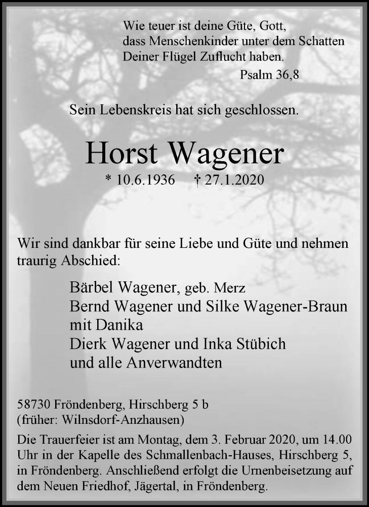  Traueranzeige für Horst Wagener vom 29.01.2020 aus Stadtspiegel Menden + Froendenberg