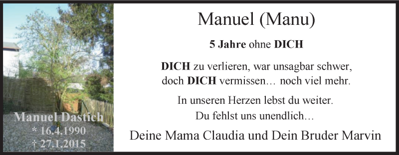  Traueranzeige für Manuel Dastich vom 29.01.2020 aus Stadtspiegel Hattingen/Niedersprockhövel