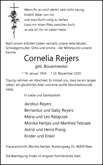 Traueranzeige von Cornelia Reijers von WVW Anzeigenblätter