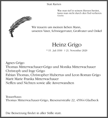 Traueranzeige von Heinz Grigo von WVW Anzeigenblätter