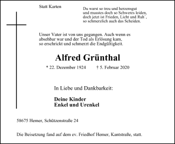 Traueranzeige von Alfred Grünthal von WVW Anzeigenblätter
