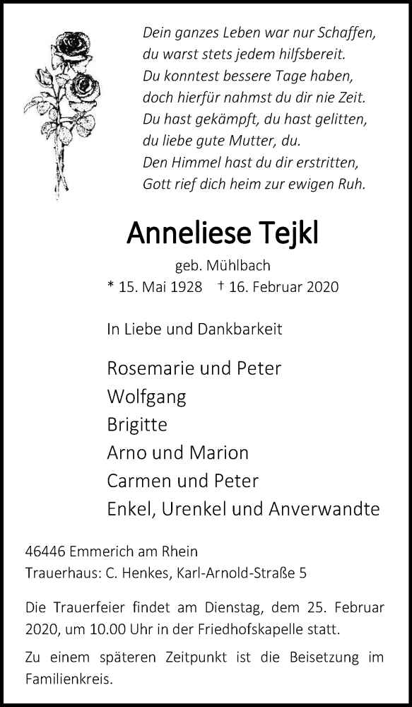 Traueranzeige für Anneliese Tejkl vom 22.02.2020 aus WVW Anzeigenblätter