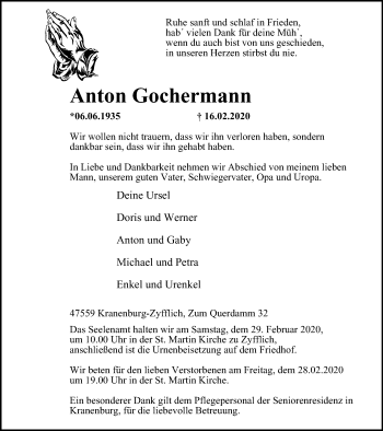 Traueranzeige von Anton Gochermann von WVW Anzeigenblätter